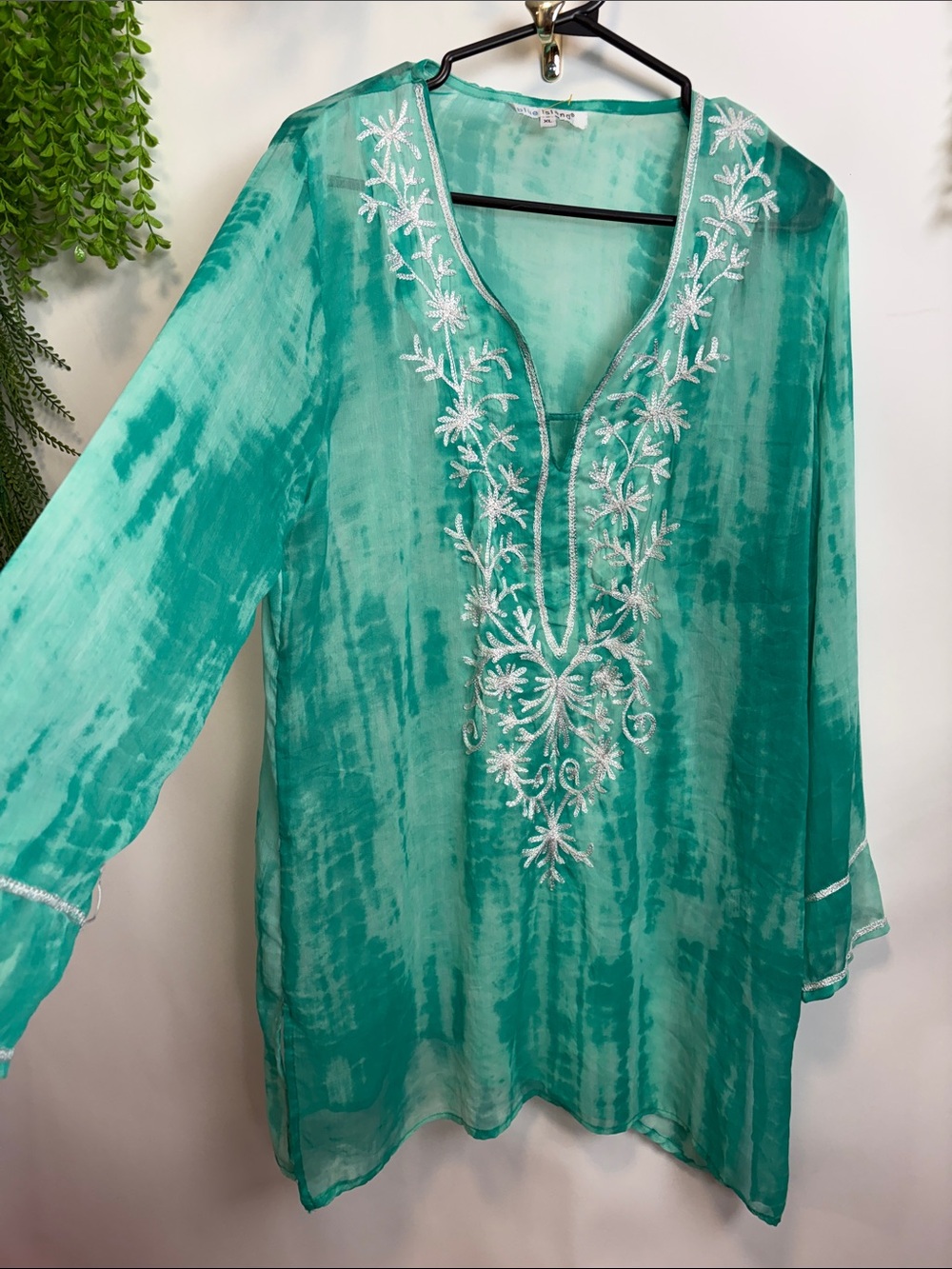 blue island Teal Green Embroidered V-Neck Tunic
